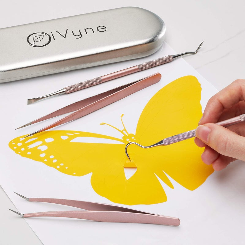 iVyne Premium Vinyl Weeding Tool Kit - Precision Stainless Steel Weeder - Hook and Pick with Fine Tweezers Crafting Set for Cricut Vinyl - by iVyne (Rose Gold) - Image 5
